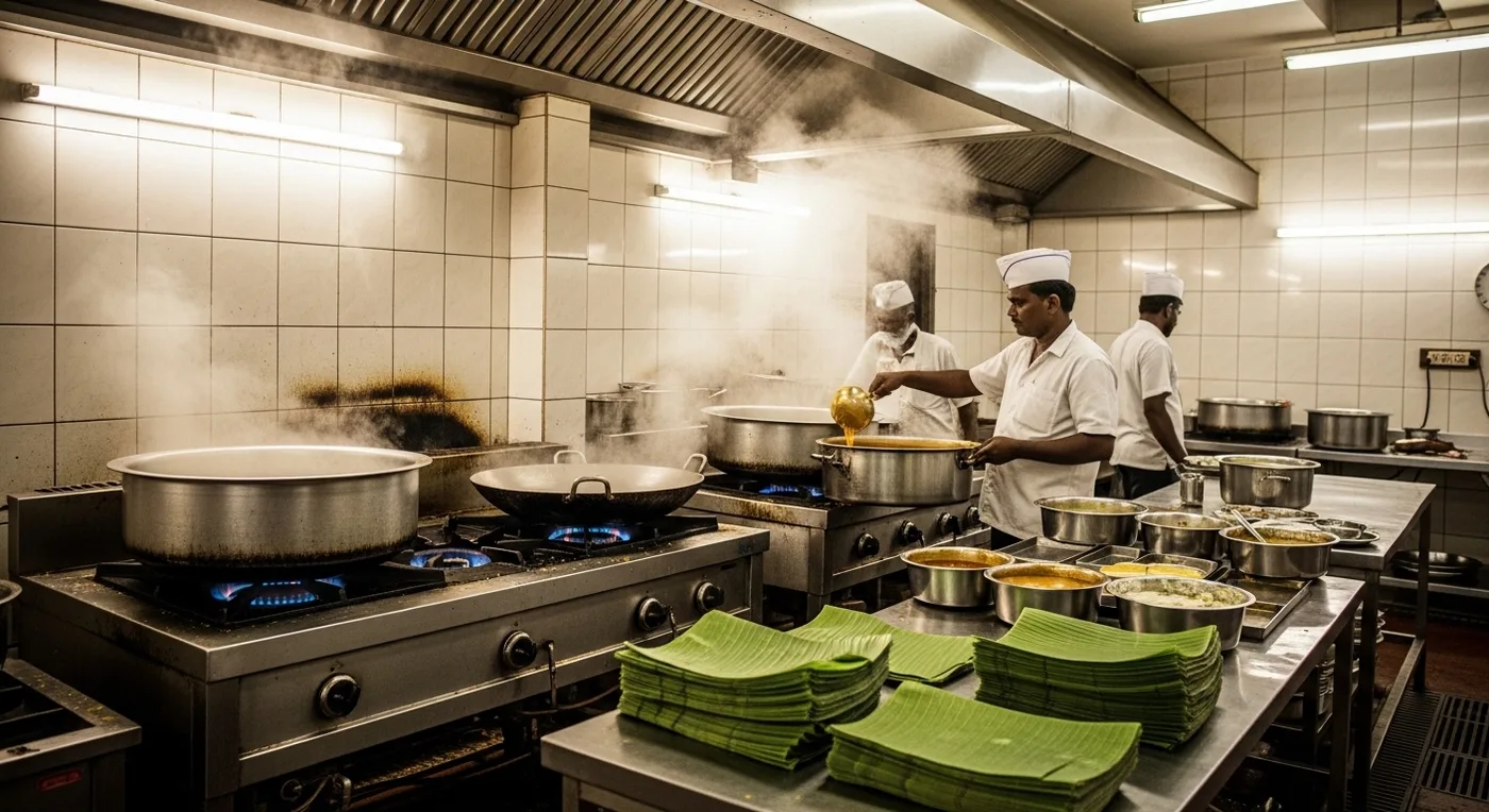A traditional Tamil wedding feast served on banana leaves with sambar, rasam, kootu, payasam and multiple vegetable dishes