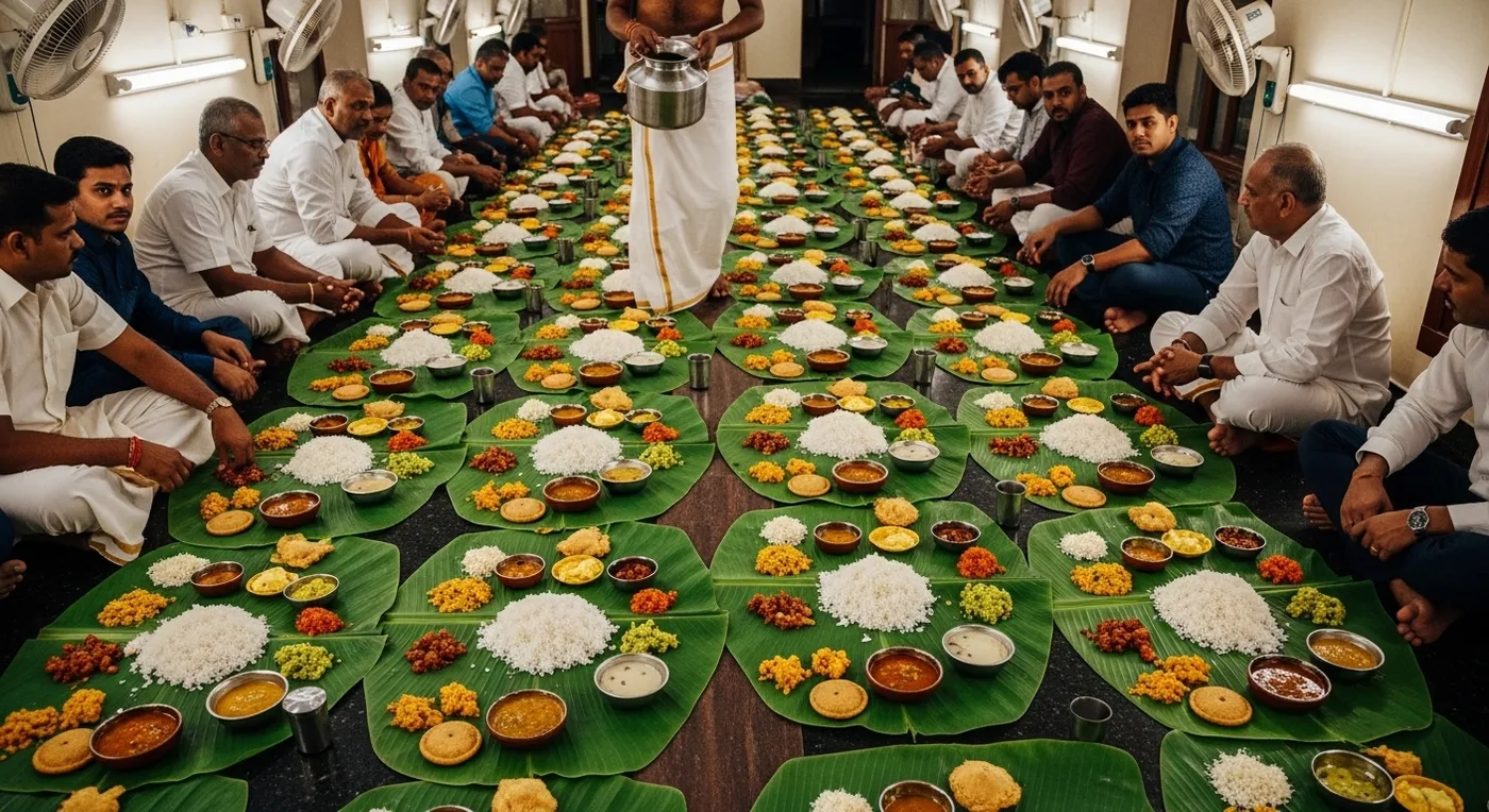 A traditional Thanjavur wedding feast served on banana leaves with multiple dishes