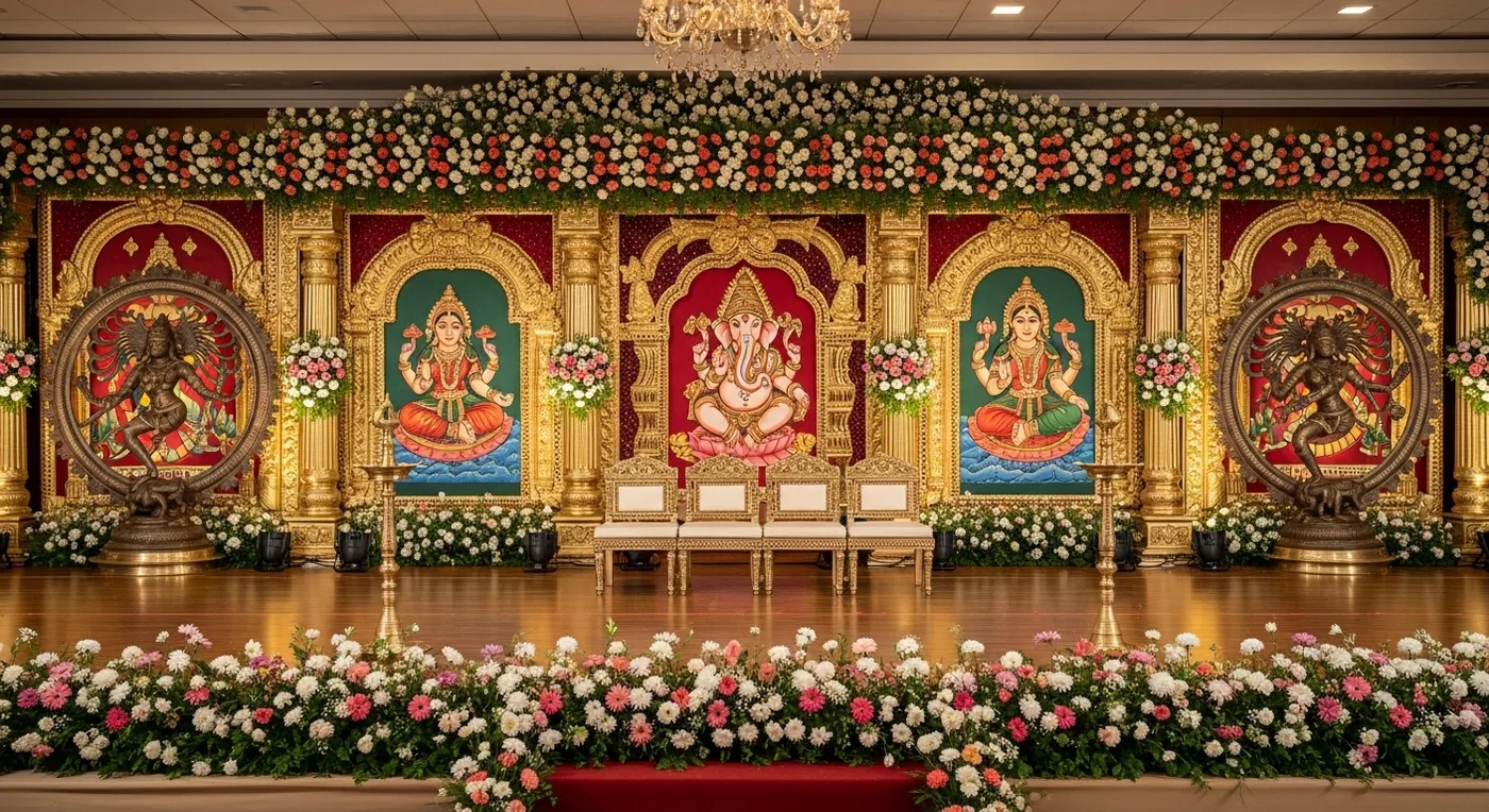 A traditional Thanjavur wedding ceremony with Maratha-style decorations and bronze oil lamps in a heritage mandapam