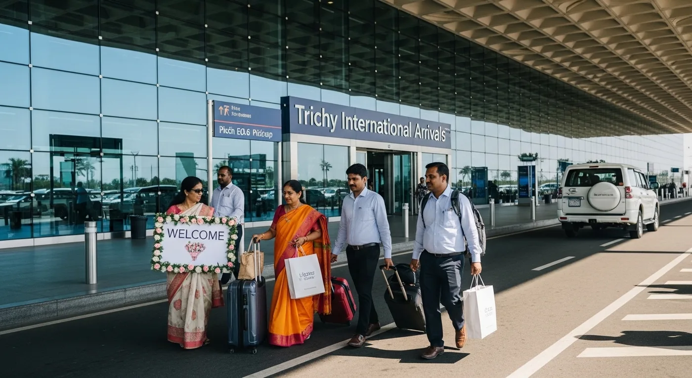 Wedding guests arriving at Trichy Airport with transport coordination for a Thanjavur destination wedding