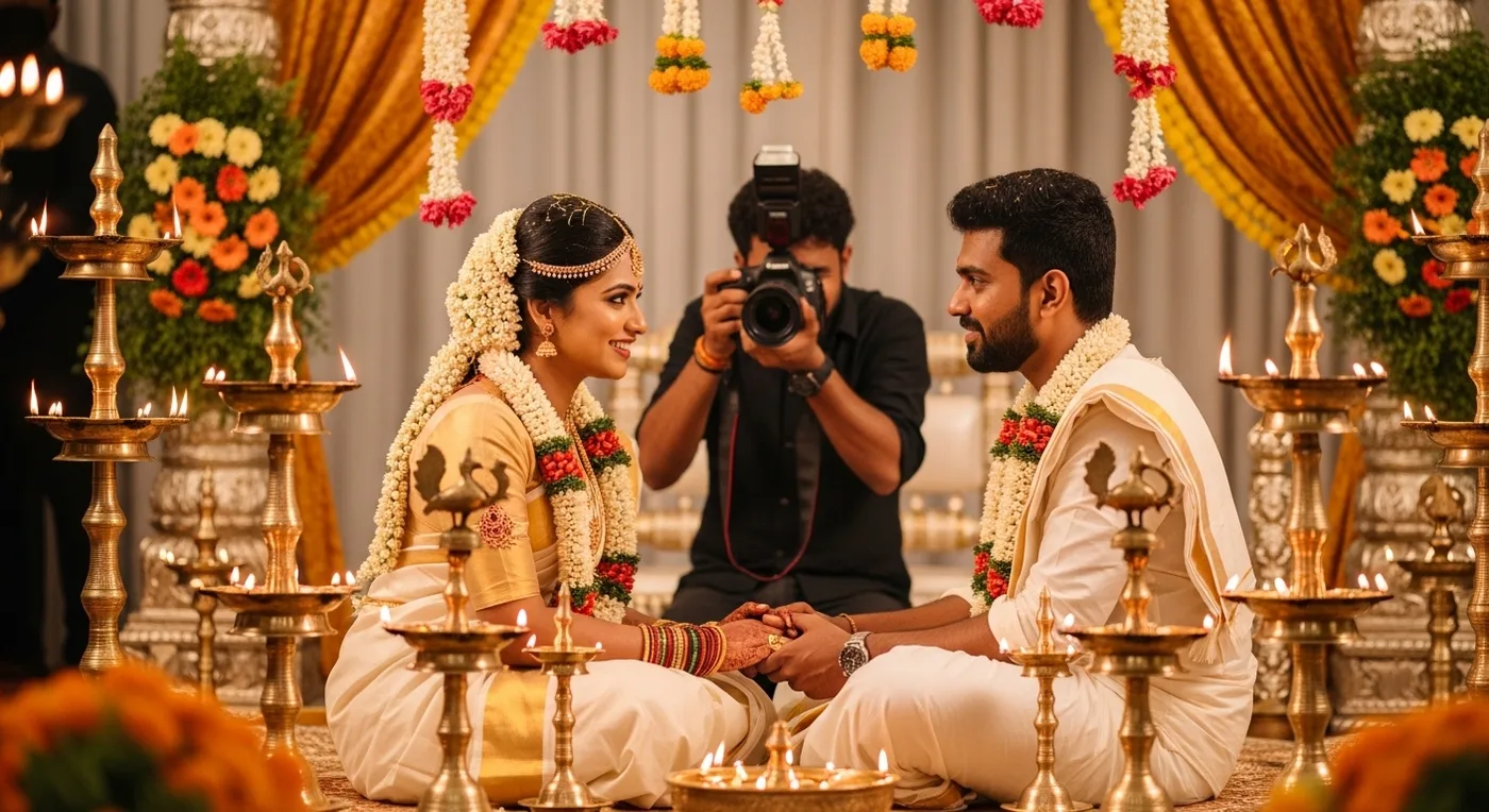 Professional wedding photographer capturing a candid moment at a Kerala ceremony