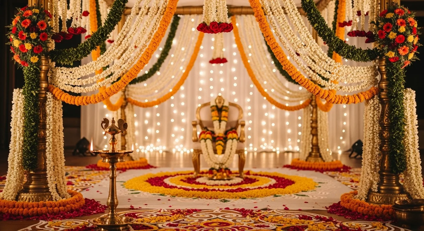 Stunning wedding mandap decorated with jasmine garlands and brass lamps at a Trivandrum wedding venue