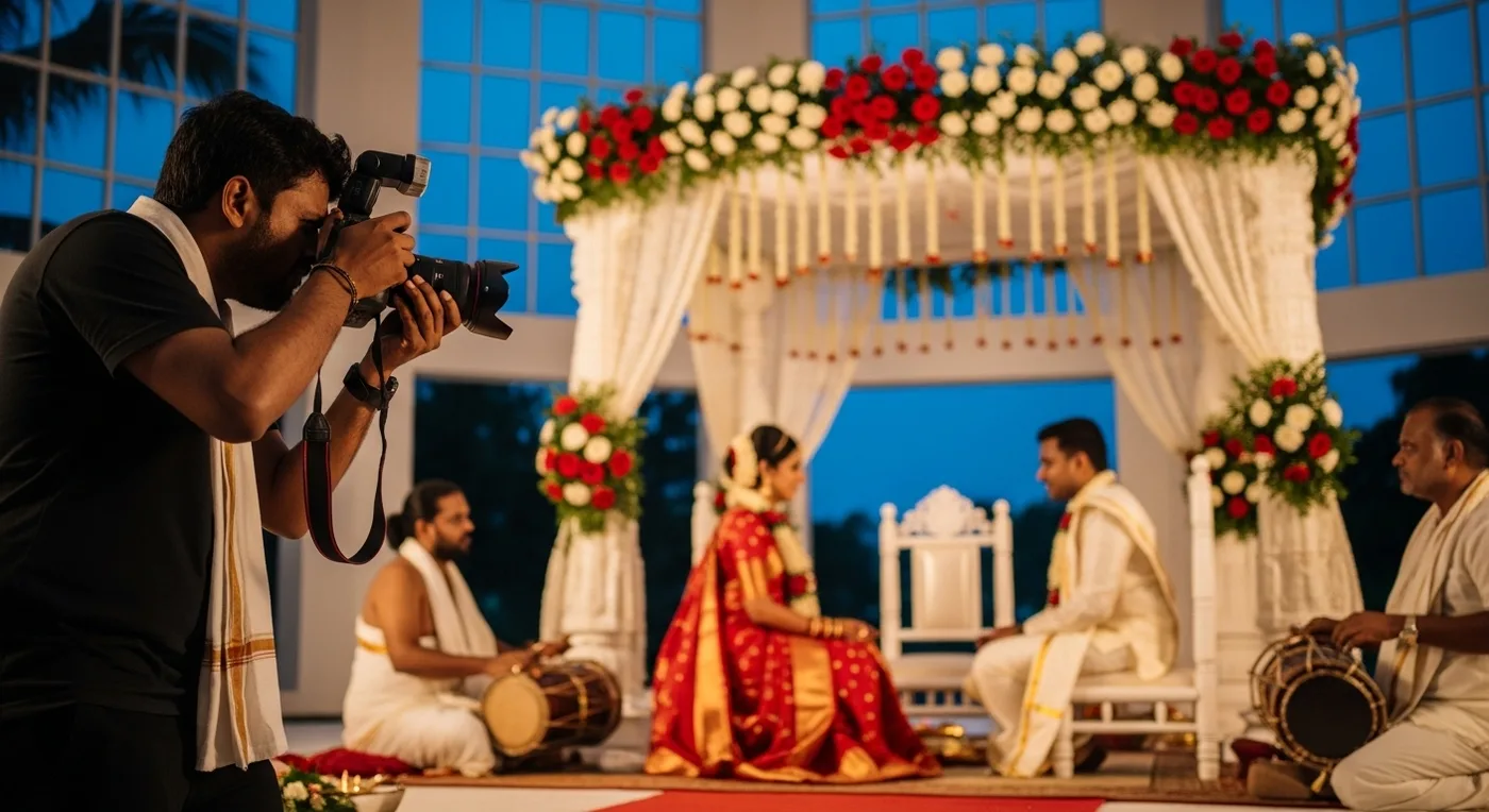 Wedding photographer capturing candid moments at a Chennai ceremony