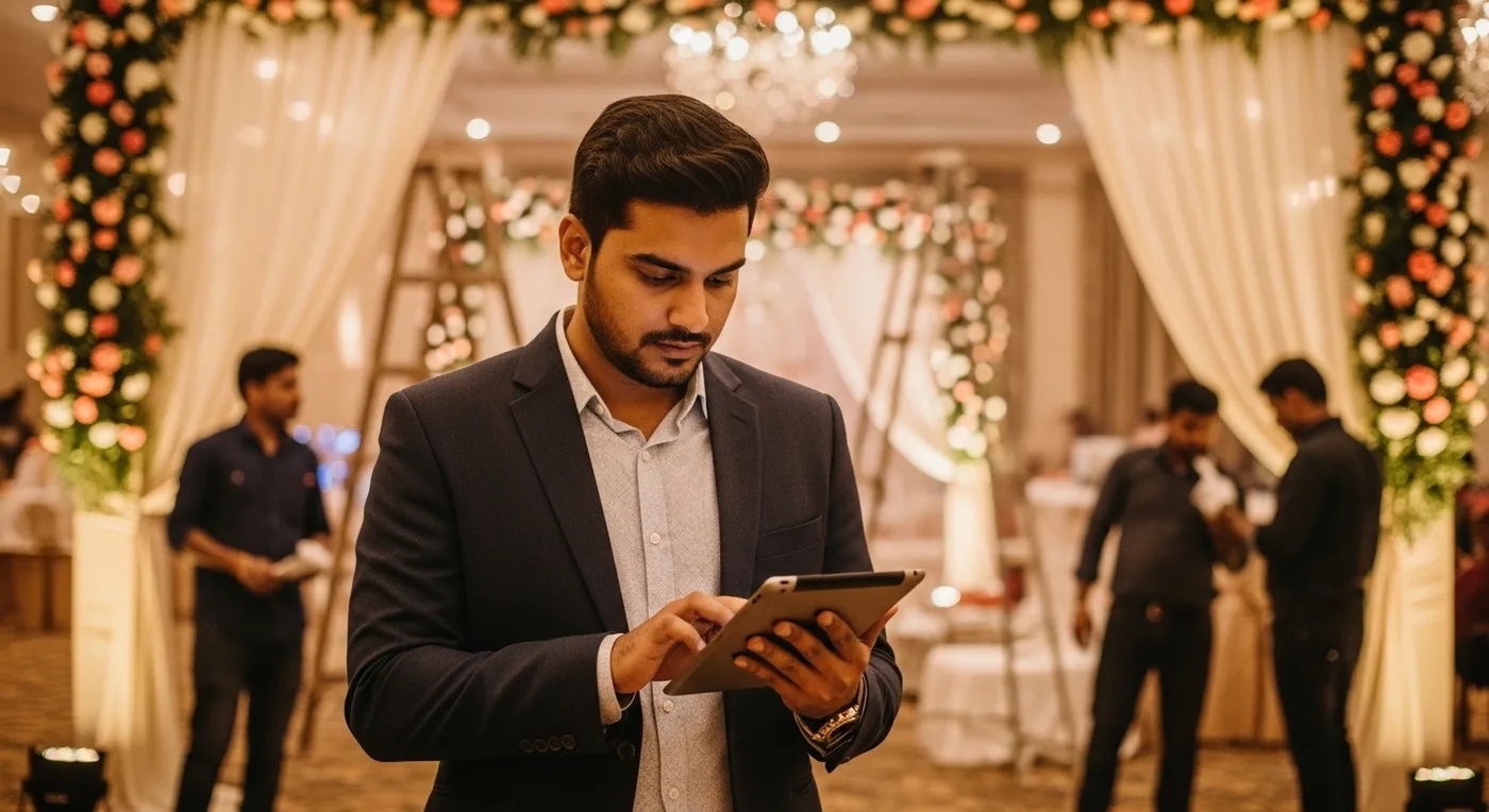 Wedding planner checking tablet at a partially decorated venue