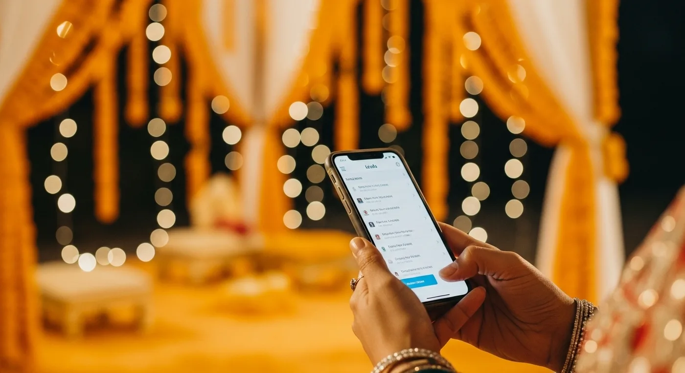 Wedding vendor checking leads on smartphone at a decorated mandap