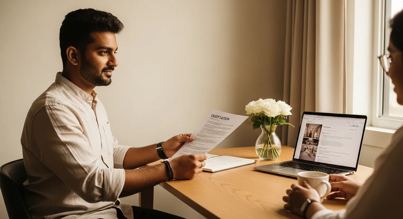 Wedding decorator presenting a quotation at a desk with roses and chai