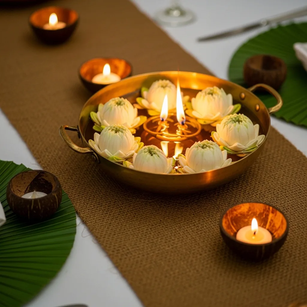 A charming Kerala backwaters scene with lush greenery, palm trees, and tranquil water — perfect for a destination wedding