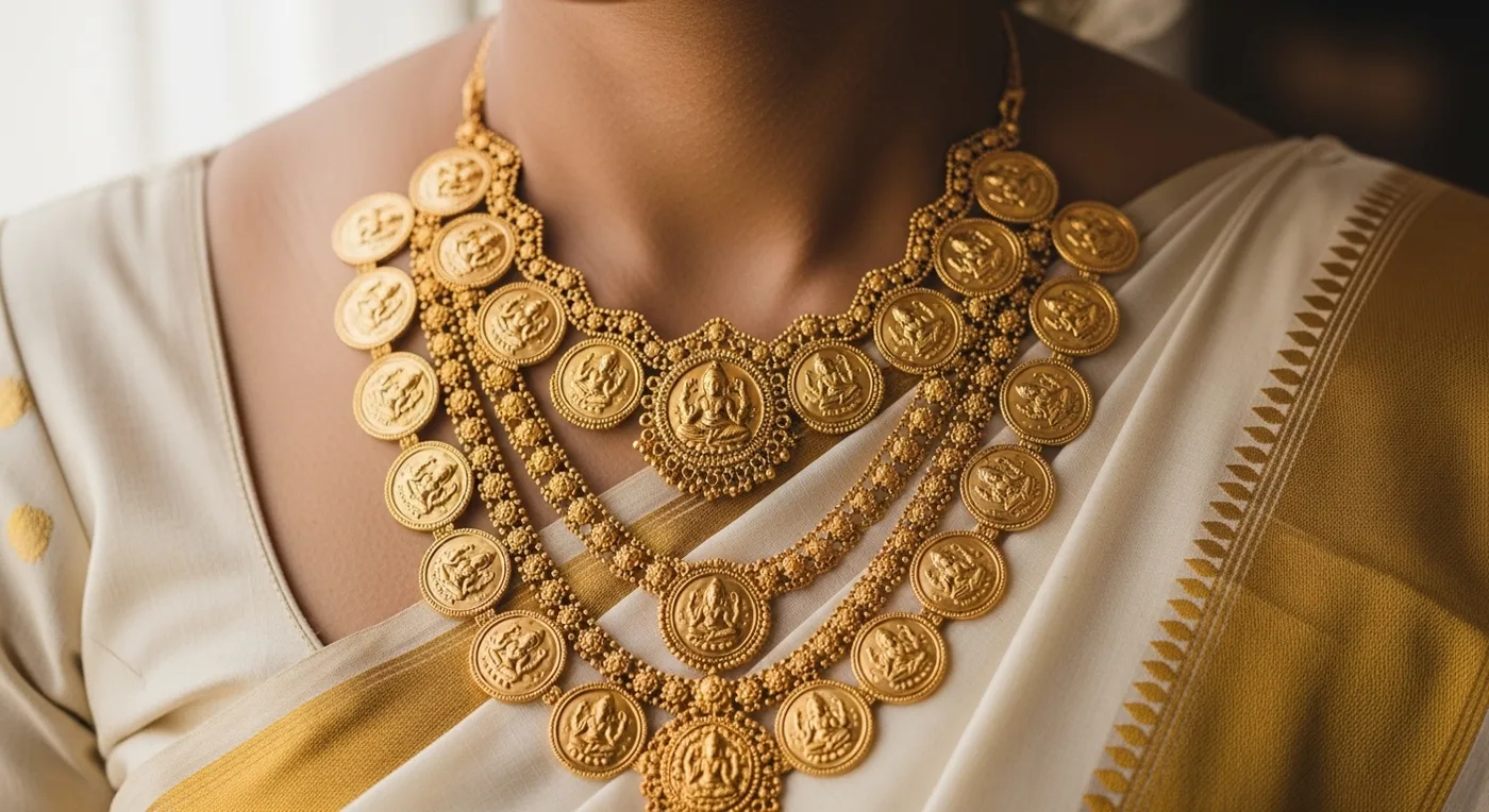 Traditional kasumala gold coin necklace draped on a bride's neck with layered chains