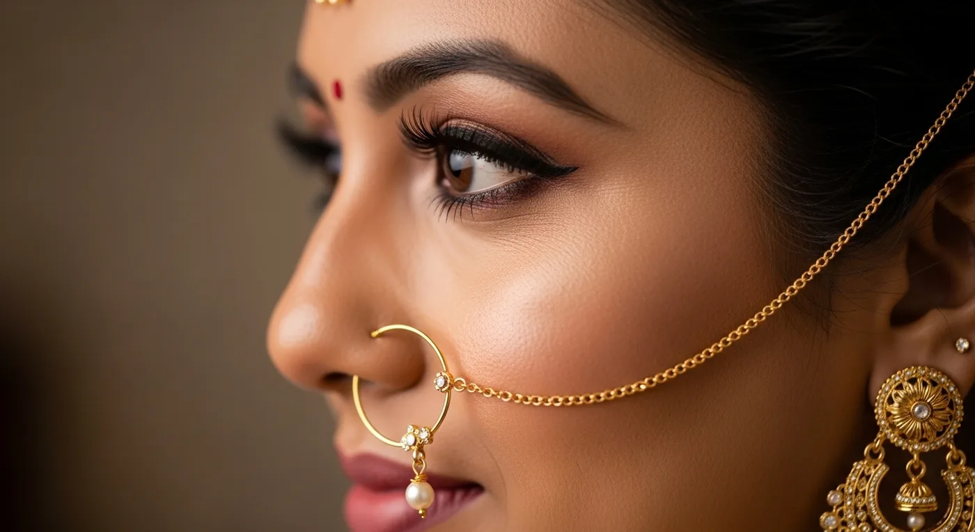Bridal nose ring with delicate gold chain connected to the earring on a South Indian bride