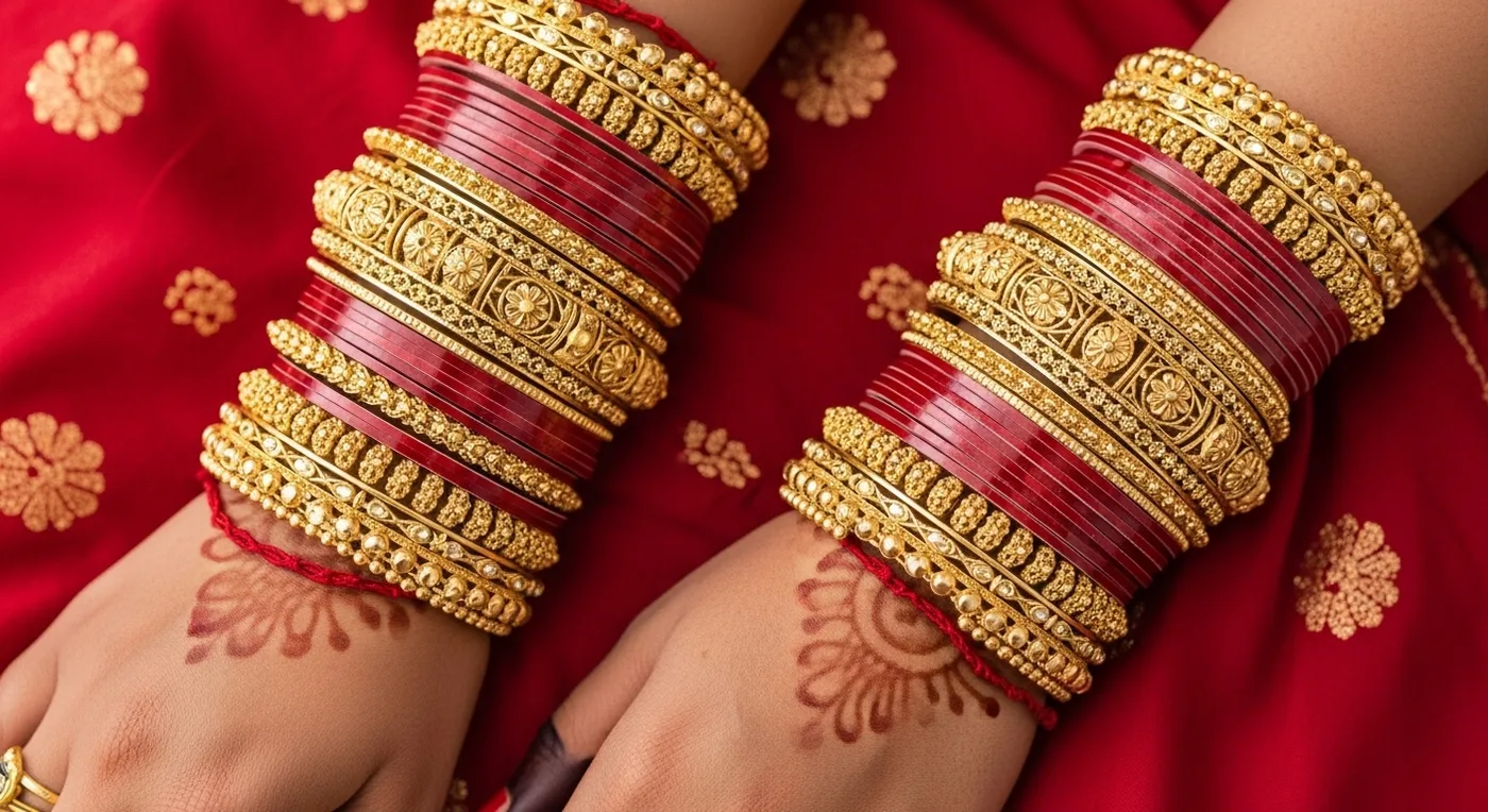 Stacked gold bangles on a bride's wrists with intricate carved patterns and red silk thread