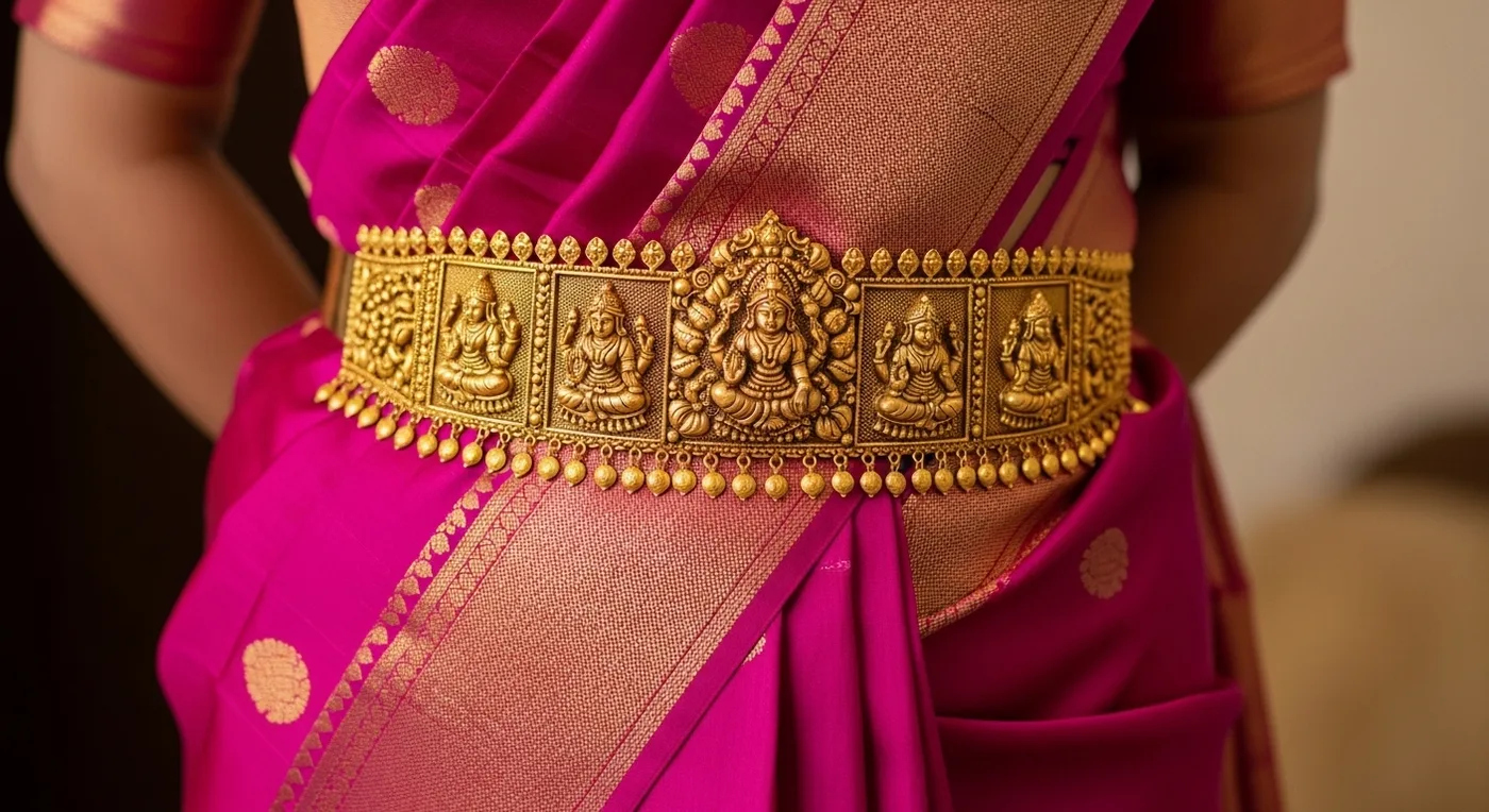 Gold oddiyanam waist belt with intricate temple motifs on a bridal silk saree