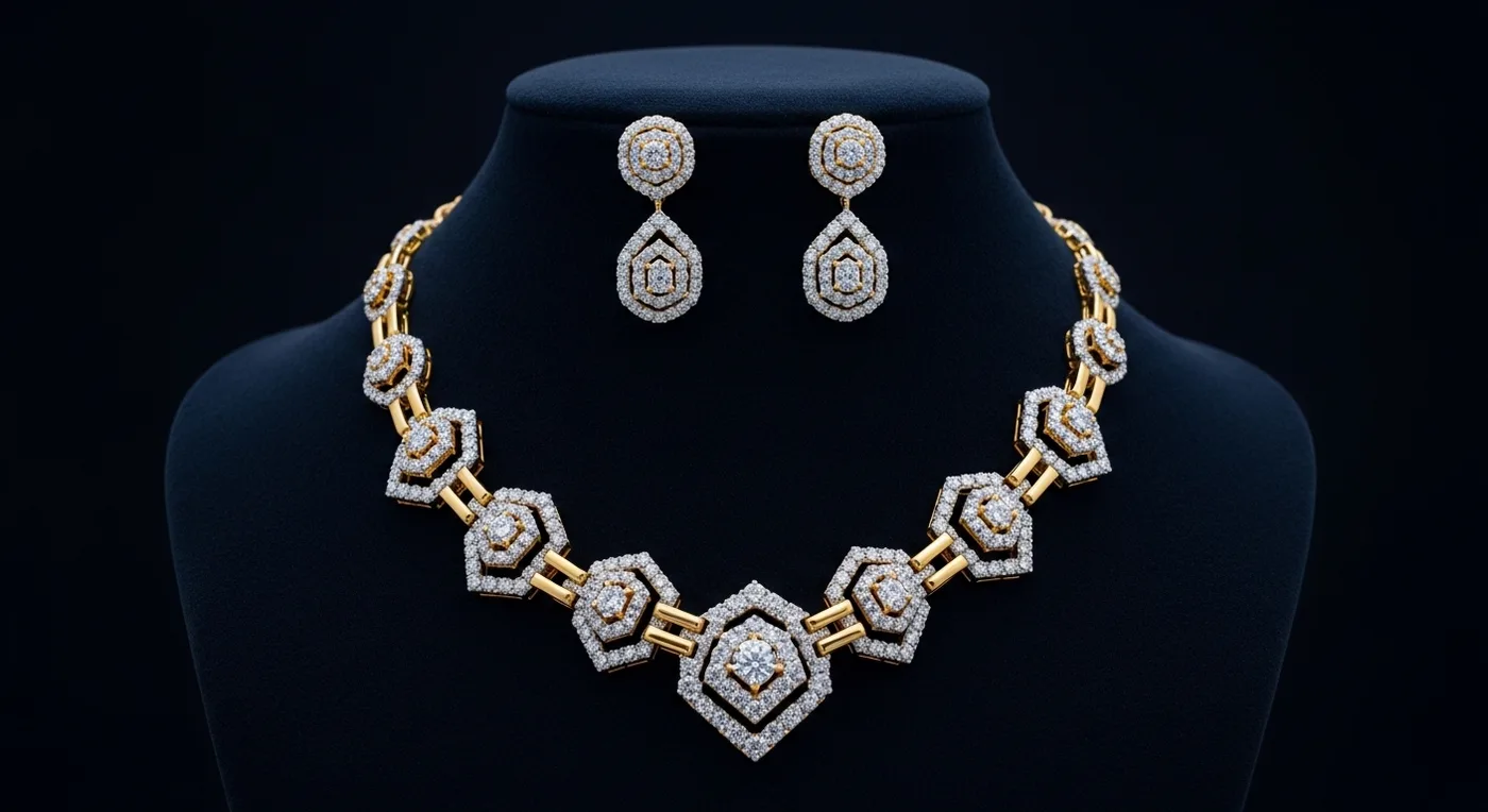Contemporary diamond and gold fusion bridal necklace set with matching earrings on a dark background