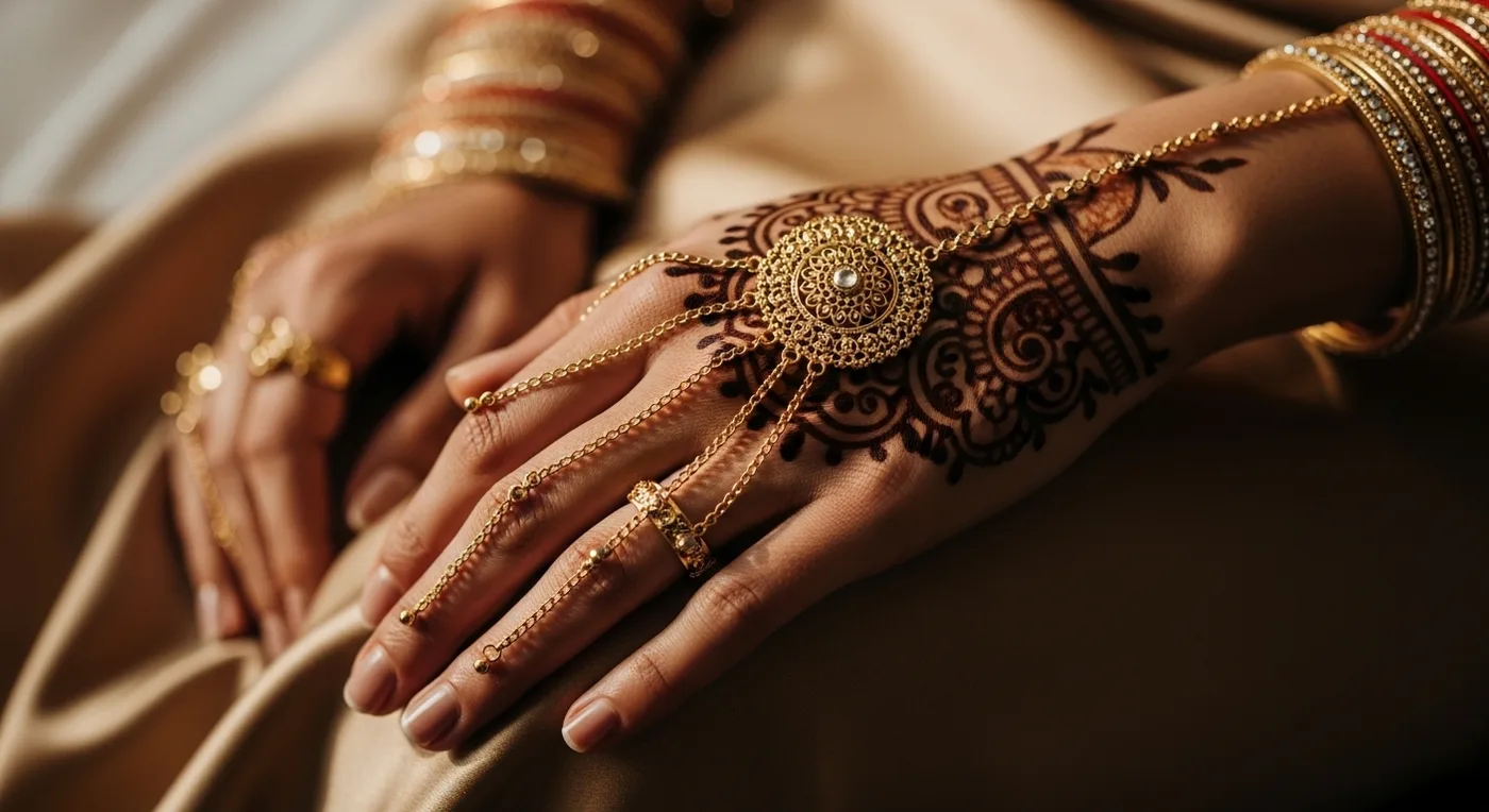 Bridal haathphool hand jewellery with gold chains connecting rings to a central medallion