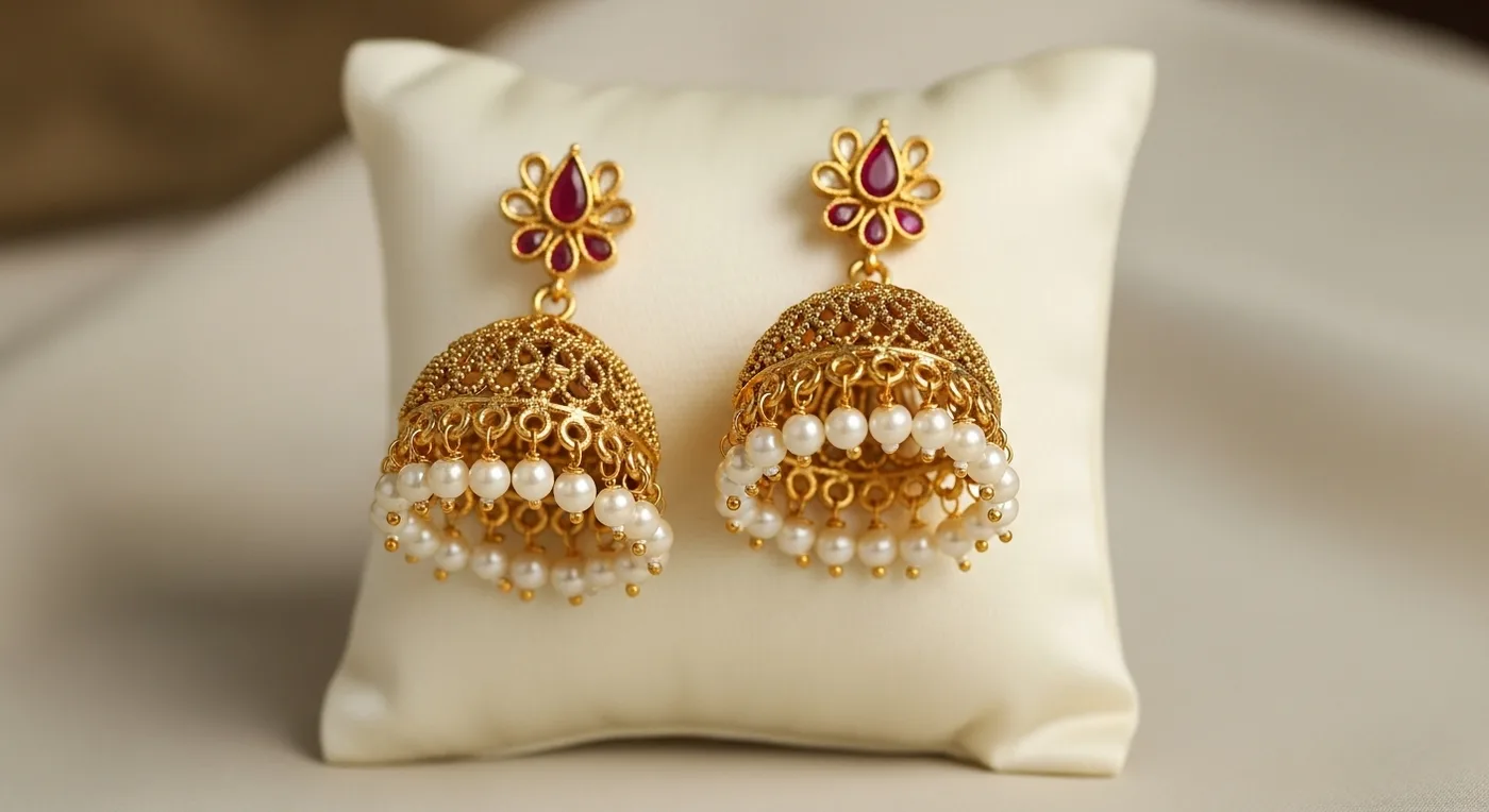 Gold jhumka earrings with pearl drops and filigree work displayed on a silk cushion