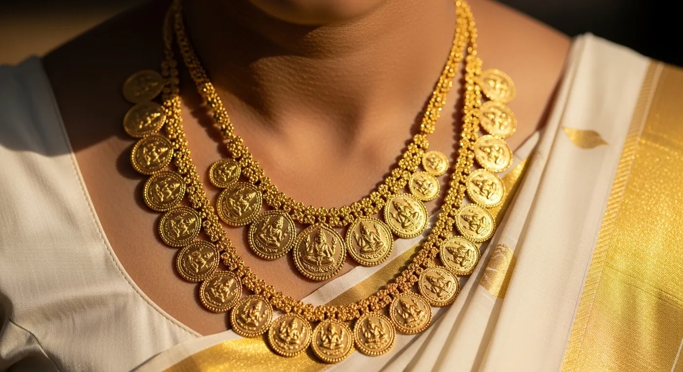 Layered Lakshmi coin necklace in gold with detailed goddess motifs on a bridal neckline