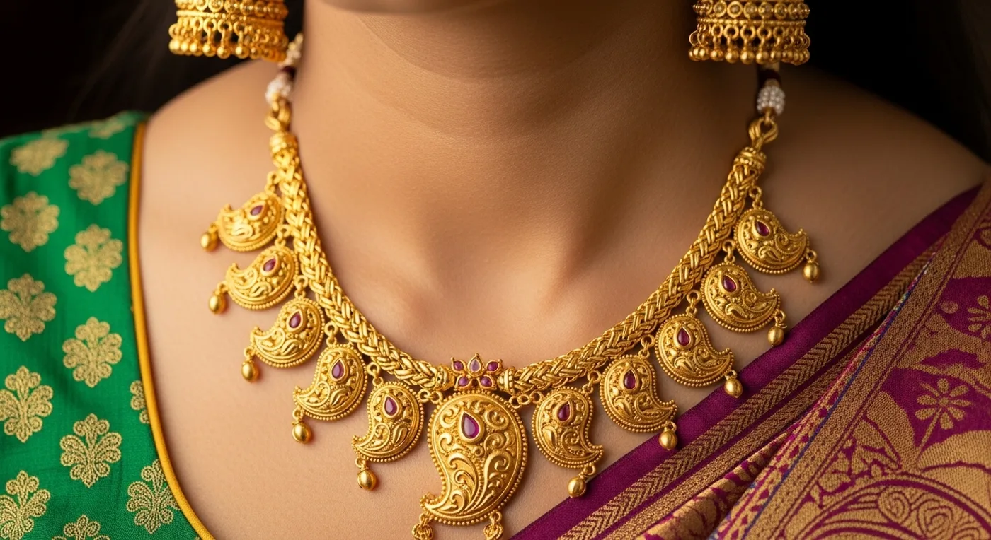 Mango-motif gold necklace with paisley-shaped pendants on a South Indian bride