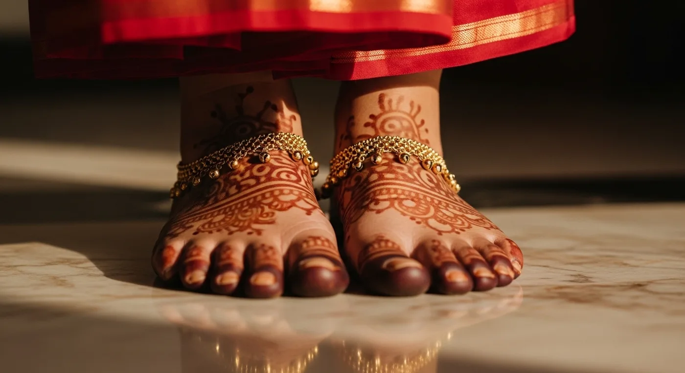 Gold bridal anklets with tiny bells and chain links on henna-adorned feet