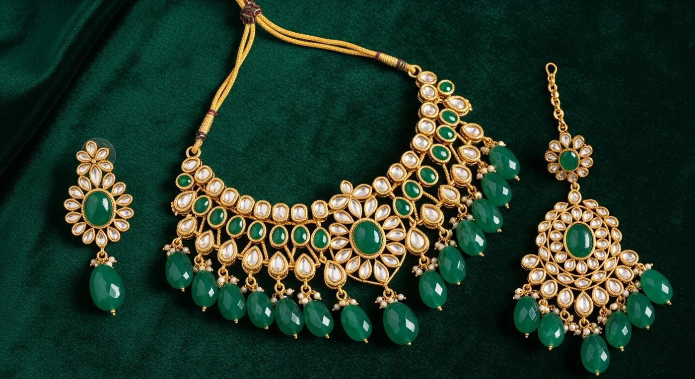 Emerald-studded bridal jewellery set with gold necklace, earrings, and tikka on green velvet