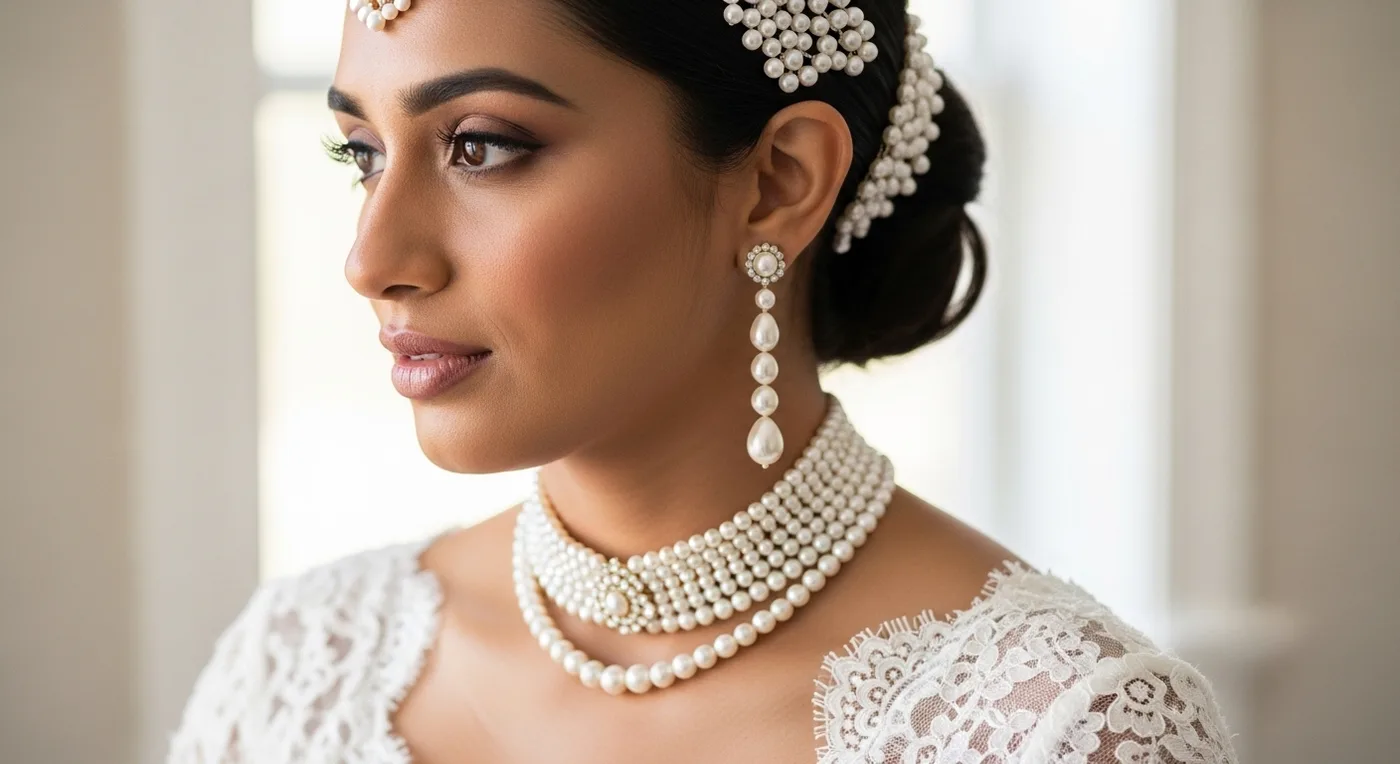 Christian bride wearing pearl jewellery set with layered pearl necklace and drop earrings