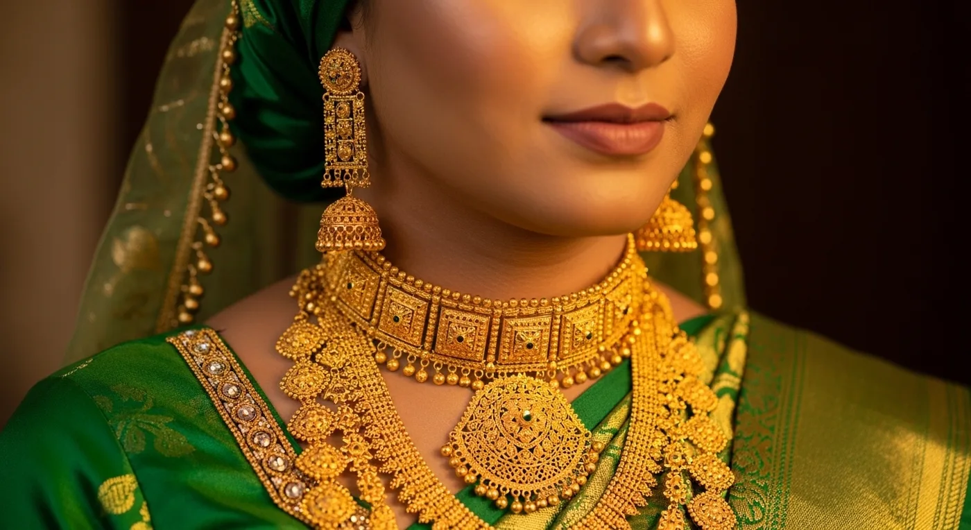 Mappila Muslim bride wearing a traditional gold jewellery set with heavy necklace and long earrings
