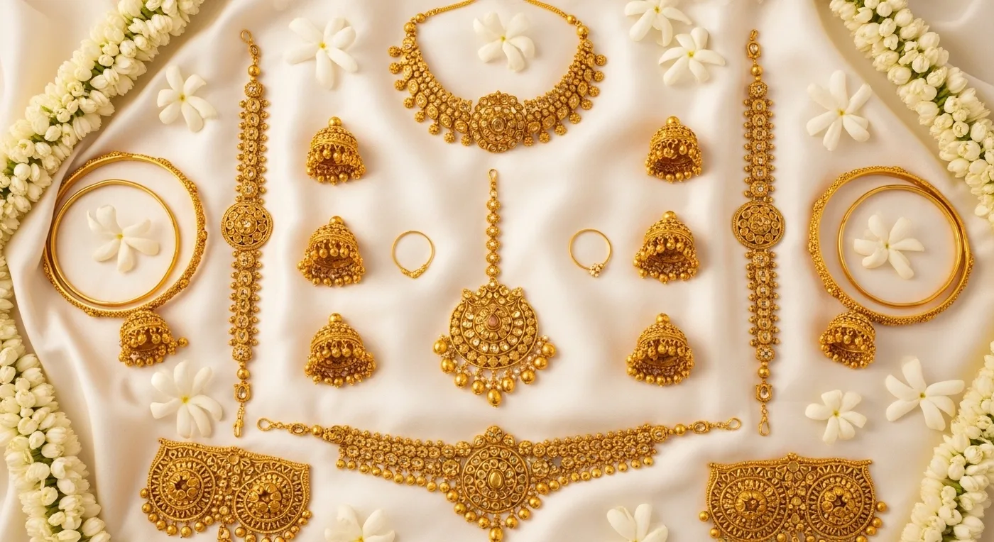 Flat lay of complete South Indian bridal jewellery set arranged on a silk cloth with flowers