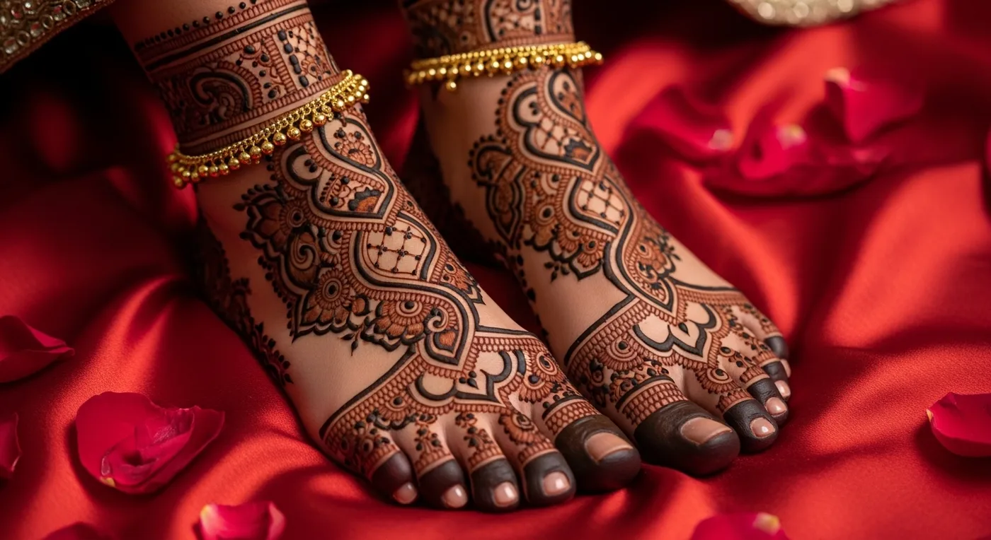 Bridal feet and leg mehndi with elaborate traditional patterns extending to the ankles