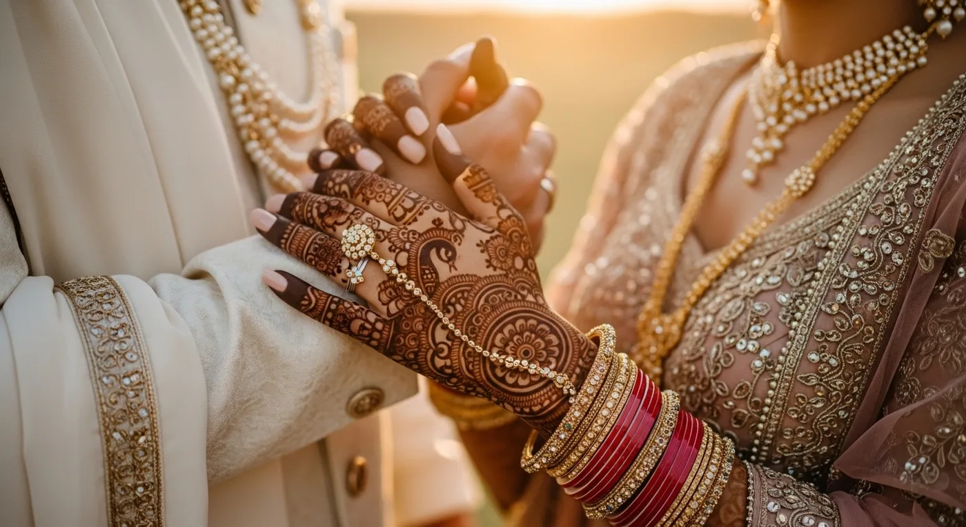 Couple portrait with bride's mehndi-adorned hands resting on groom's arm