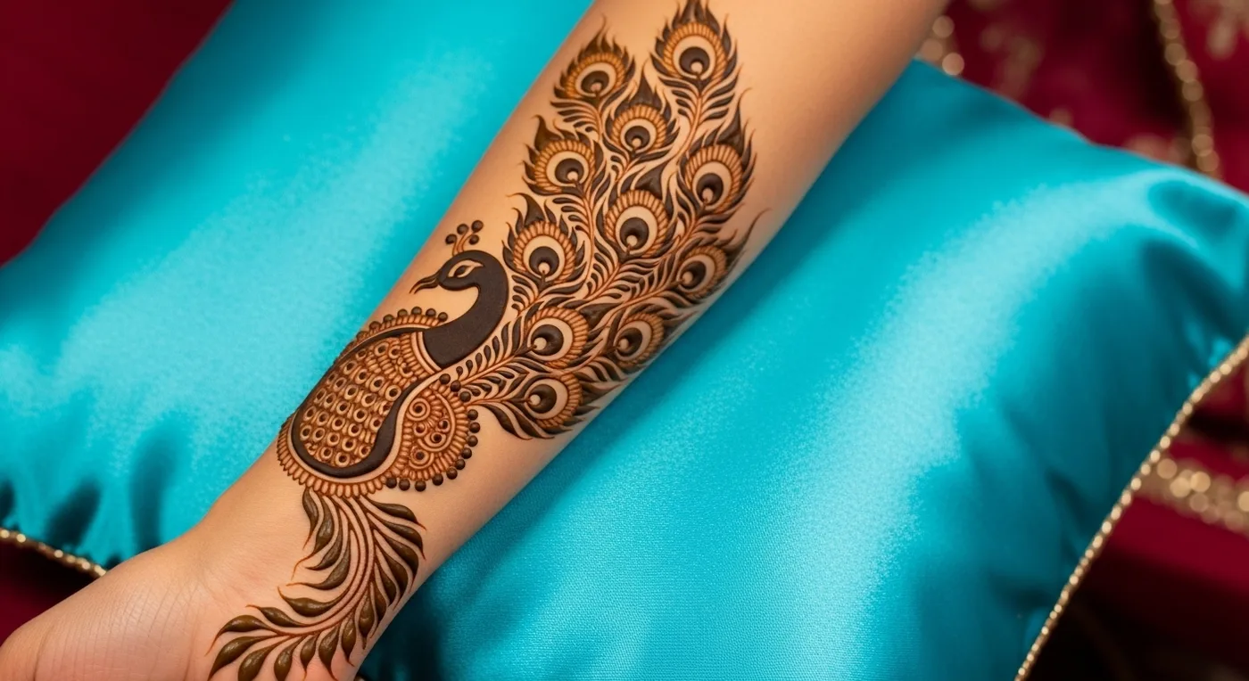 Peacock motif mehndi design on bride's forearm with detailed feather patterns