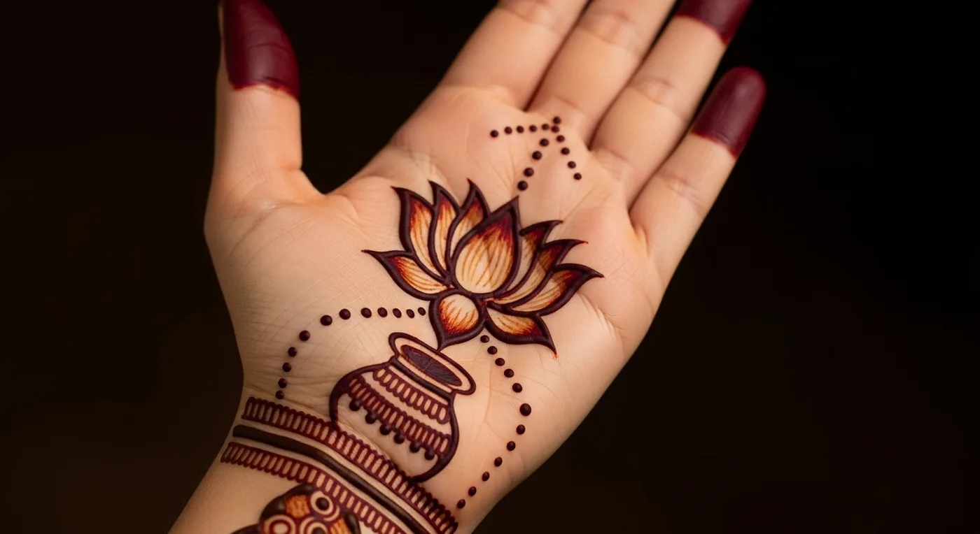 Traditional lotus and kalash motifs in bridal mehndi design on palm