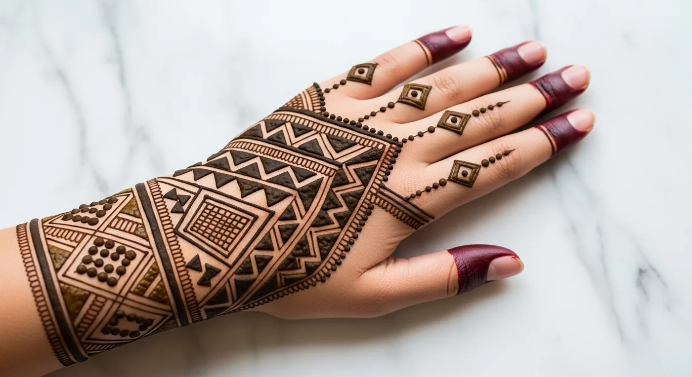 Modern geometric bridal mehndi with clean lines and symmetrical patterns