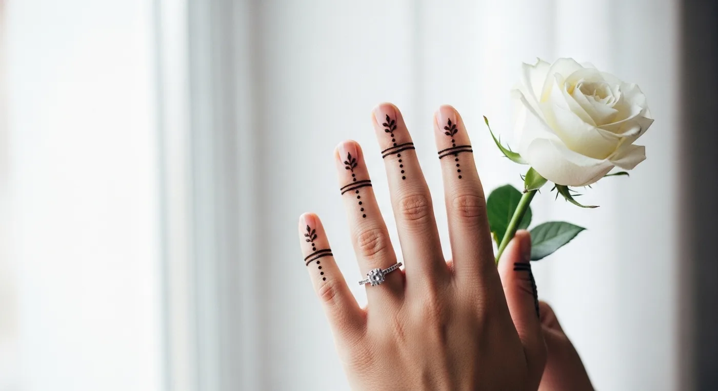 Minimalist fingertip mehndi design for engagement with delicate patterns on fingers only