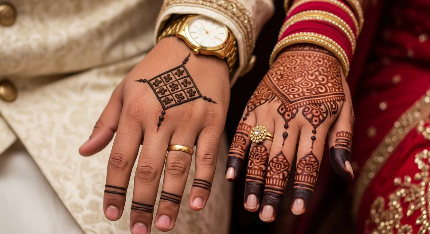 Groom's hand with subtle mehndi design featuring simple geometric patterns