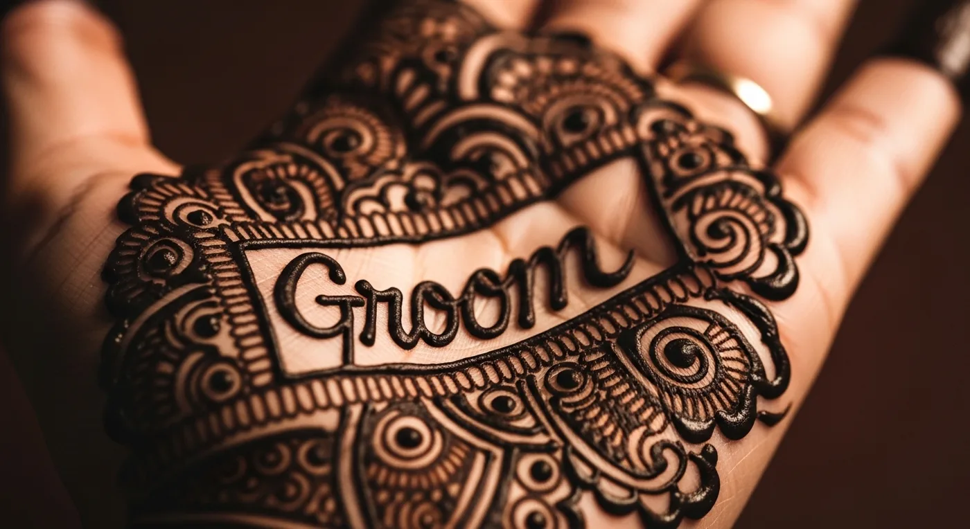 Close-up of bridal mehndi with groom's name cleverly hidden within the pattern