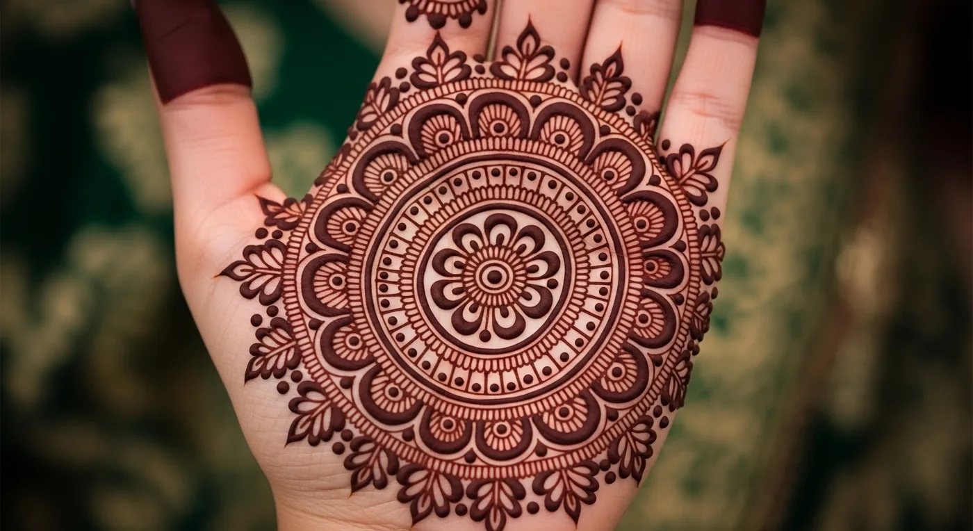 Mandala-style circular mehndi design centred on the bride's palm