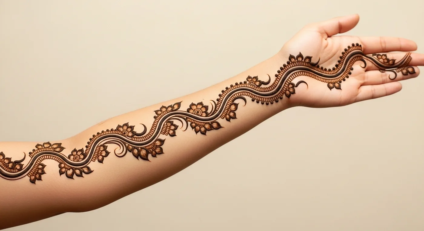 Trail mehndi pattern extending from hand through the wrist to the forearm