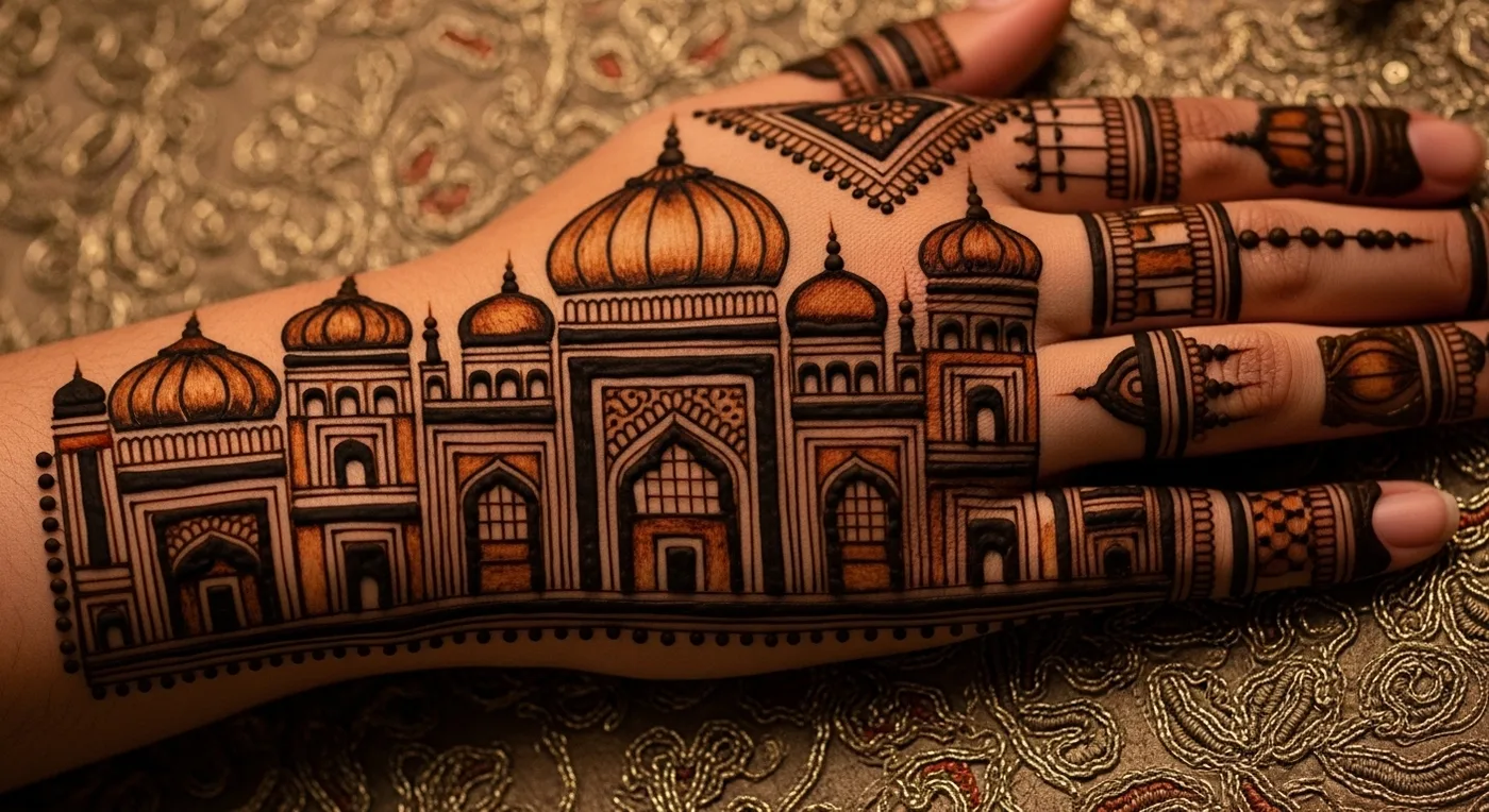Mughal-inspired bridal mehndi featuring detailed architectural domes and jharokha motifs