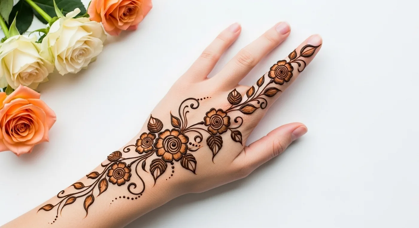 Contemporary floral vine mehndi pattern with roses and leaves trailing across the hand