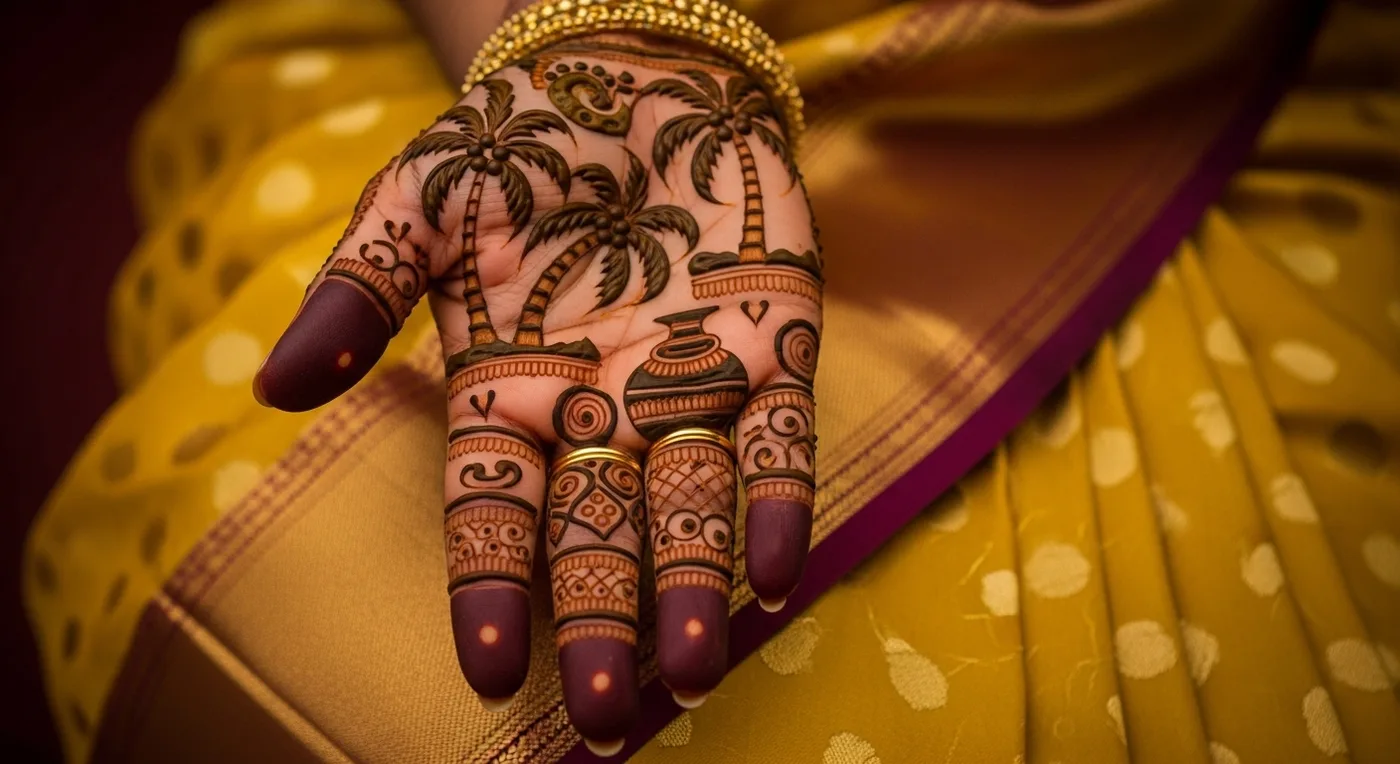 Kerala-style bridal mehndi featuring coconut palm and temple motifs