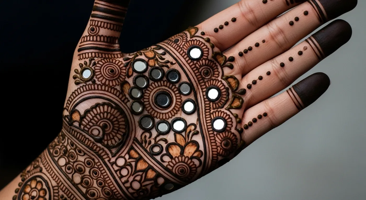 Dulhan mehndi with mirror work effect created using negative space and shading