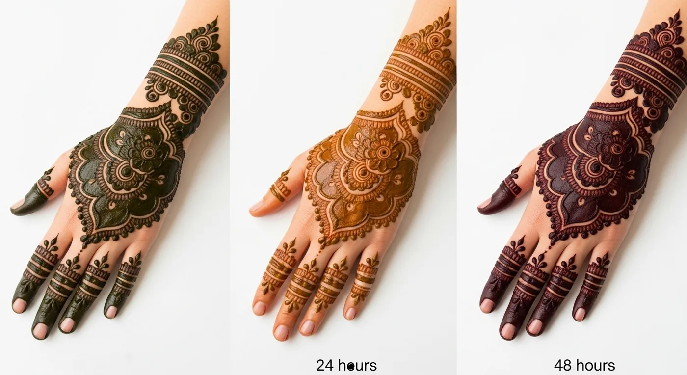 Mehndi colour progression showing fresh application to fully darkened stain over 48 hours