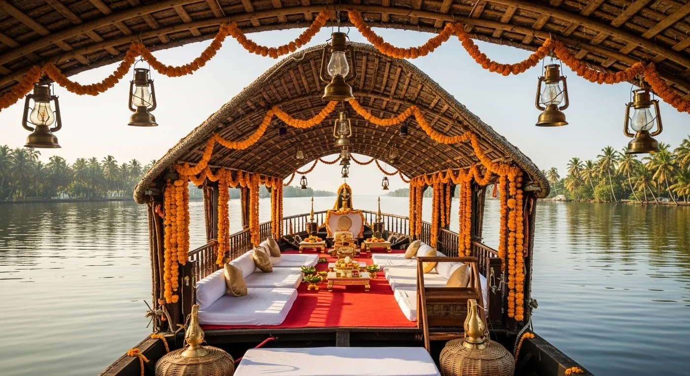 Alleppey houseboat deck decorated with marigold garlands and lanterns for a wedding celebration
