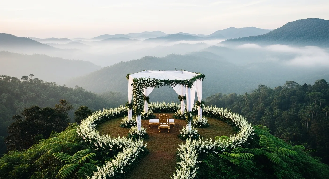 Hilltop wedding mandap in Wayanad surrounded by misty valleys and tropical forest