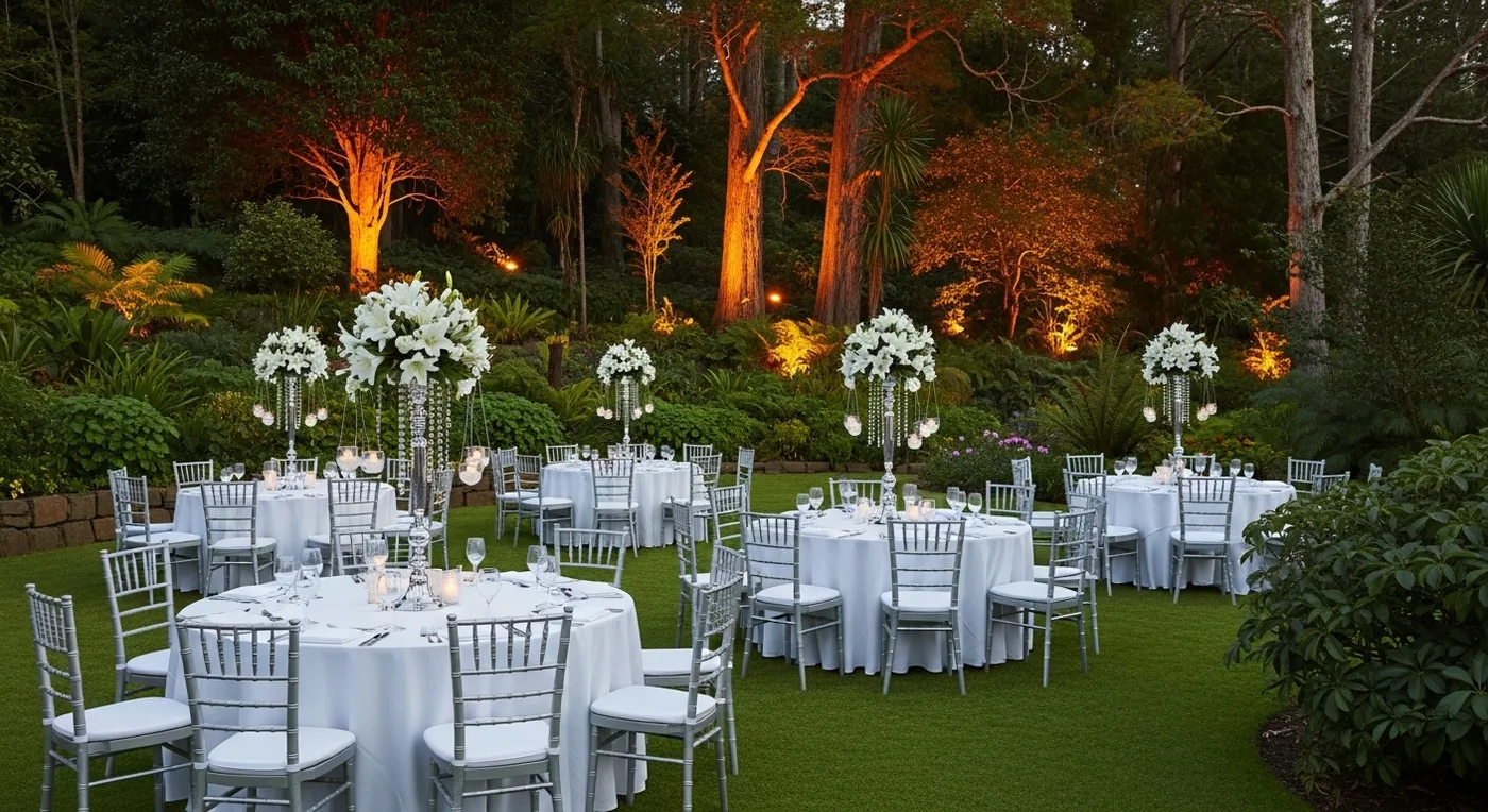 Elegant outdoor reception in Ooty botanical garden with round tables and floral centrepieces