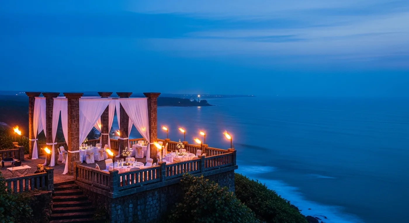 Cliff-top celebration venue in Kovalam overlooking the ocean with white draping and torches