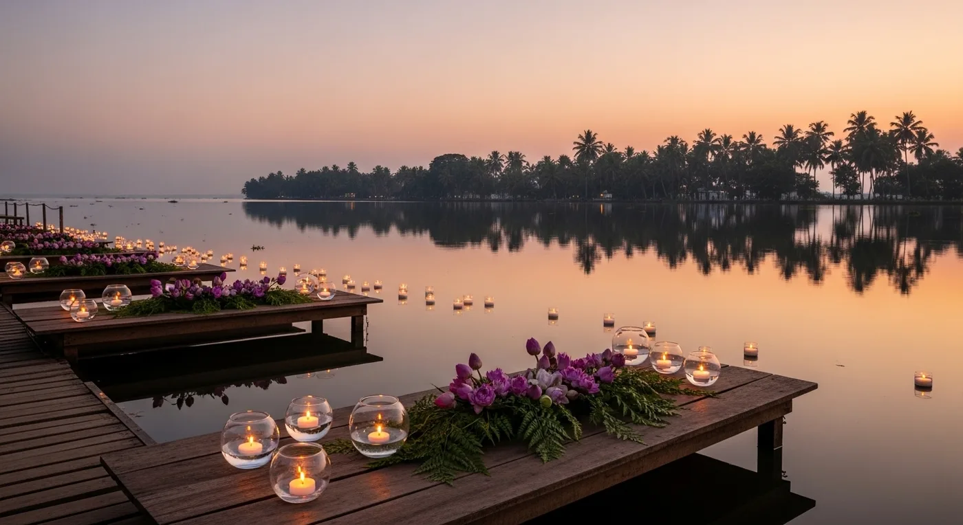 Kumarakom lakeside dinner setup with floating candles and rustic wooden tables at dusk