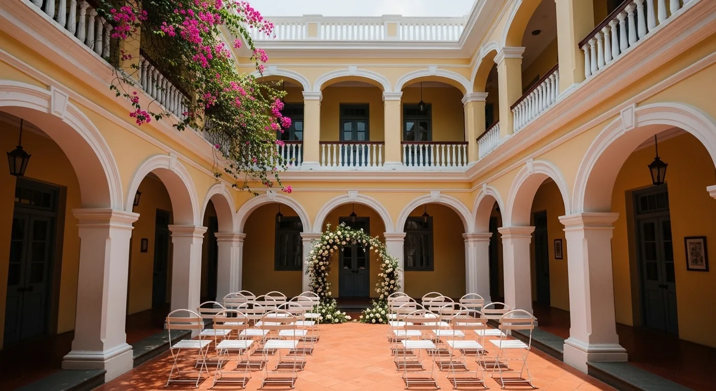 Courtyard wedding in a Pondicherry French Quarter heritage building with colonial arches
