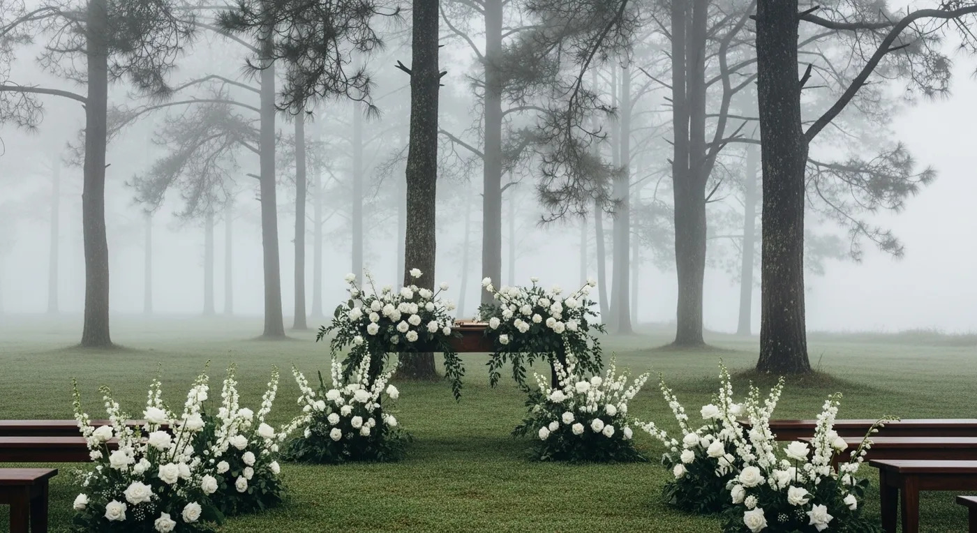 Misty morning wedding ceremony in Kodaikanal with fog rolling through pine trees around a floral altar