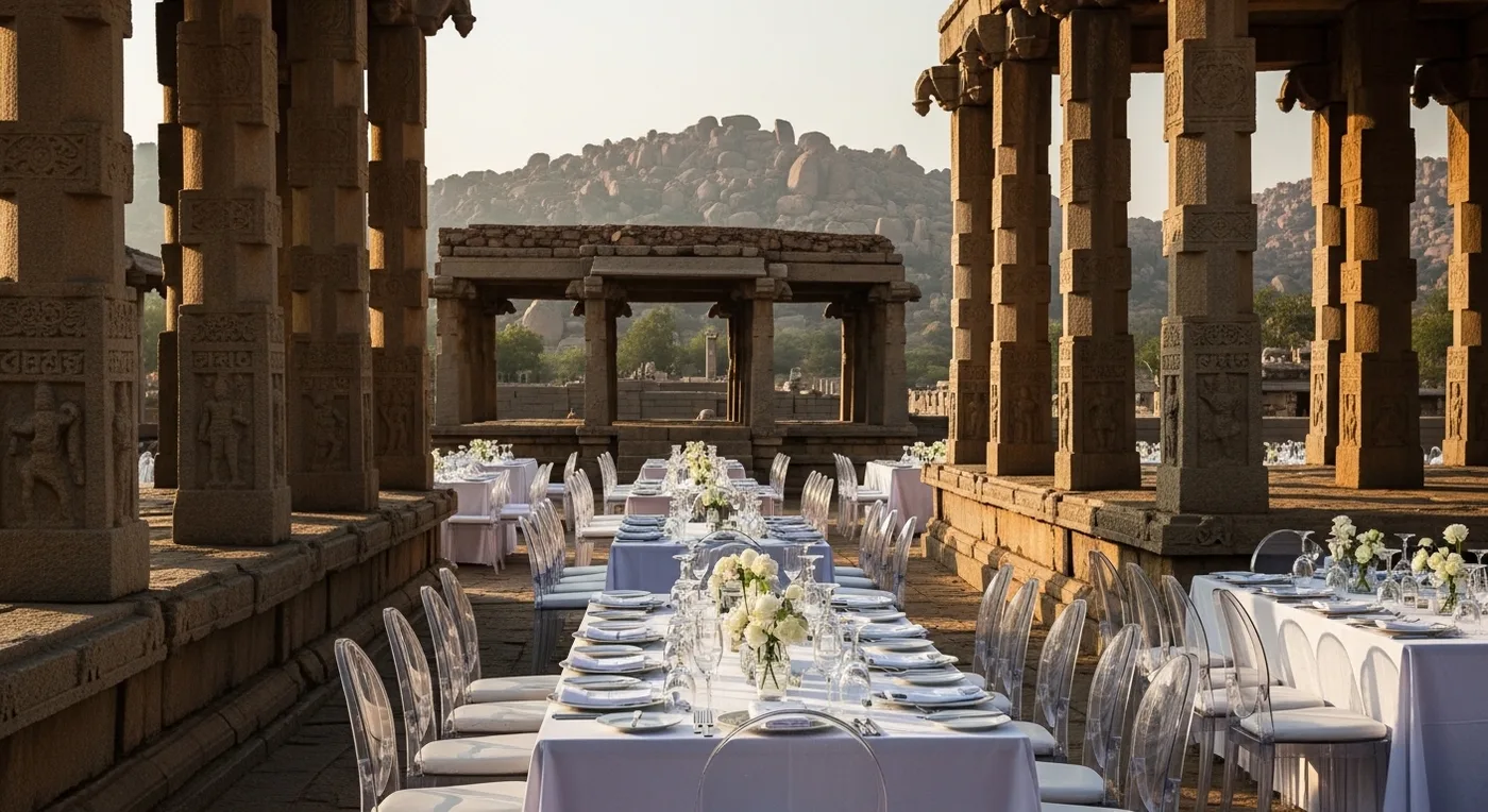 Heritage site reception concept at Hampi with ancient stone architecture and modern table settings