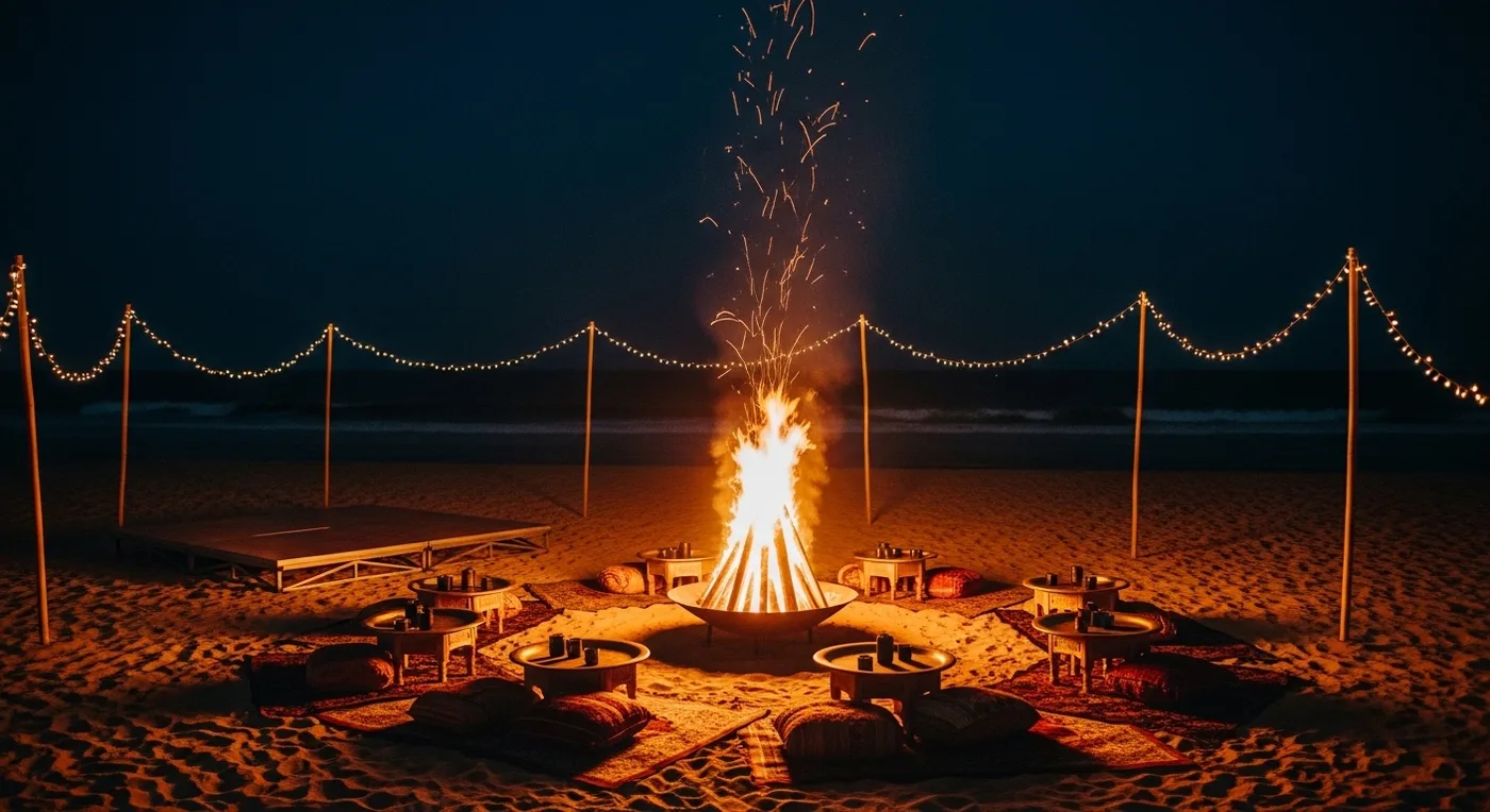 Beachfront bonfire sangeet setup with floor cushions, fairy lights, and a dance floor on sand