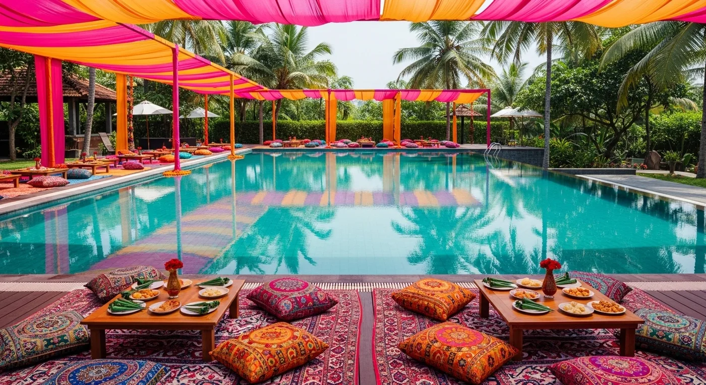 Poolside mehendi celebration at a Kerala resort with colourful cushions and canopy tents